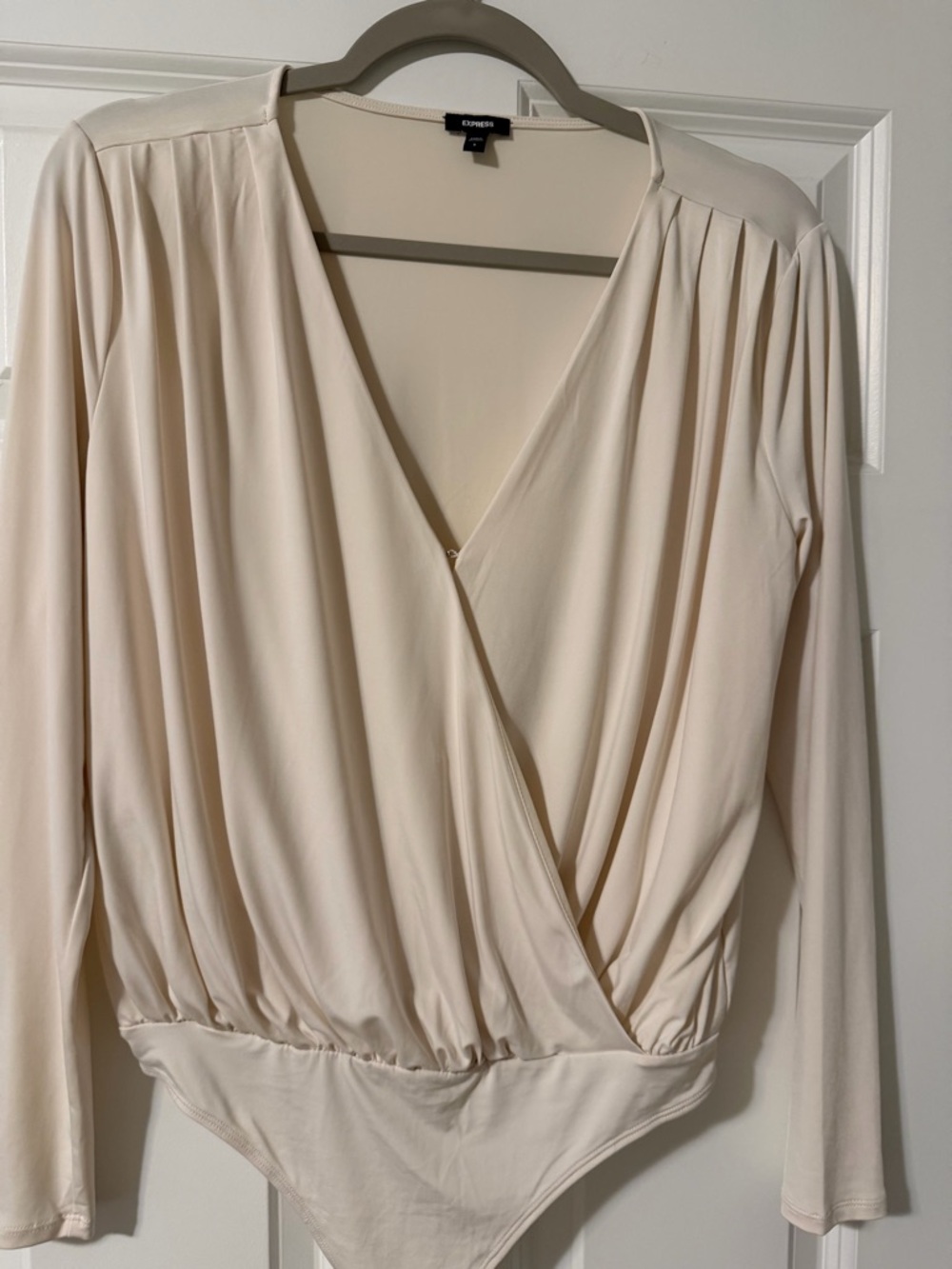 Express Cream Surplice Long Sleeve Bodysuit